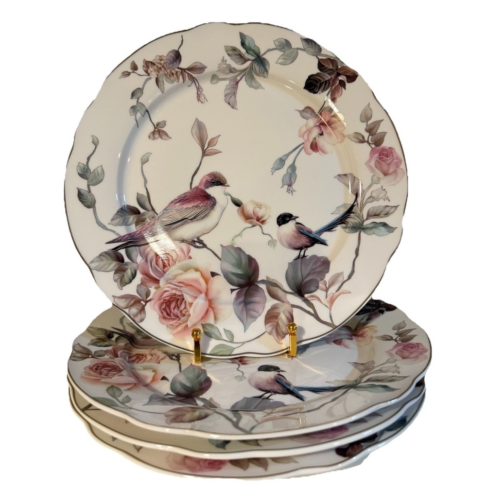 Grace Teaware Spring Floral Bird Garden‎ Scalloped Gold Rim Dinner Plates, Set/4